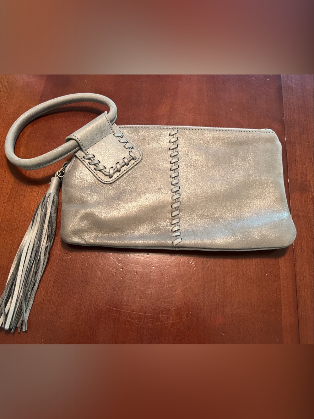 HOBO Metallic Silver Wristlet Clutch with Tassel